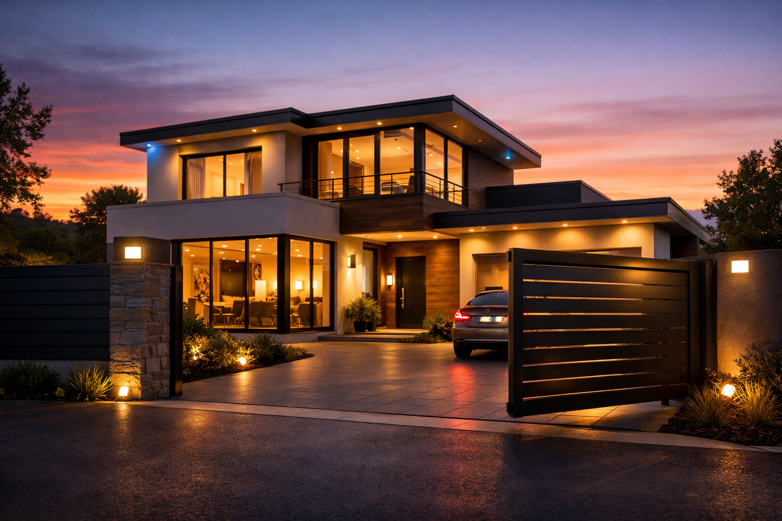 Ultra-modern smart home at sunset